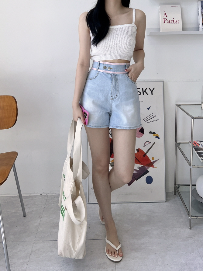 配色ツーボタンデニムショートパンツ | レディースファッション通販