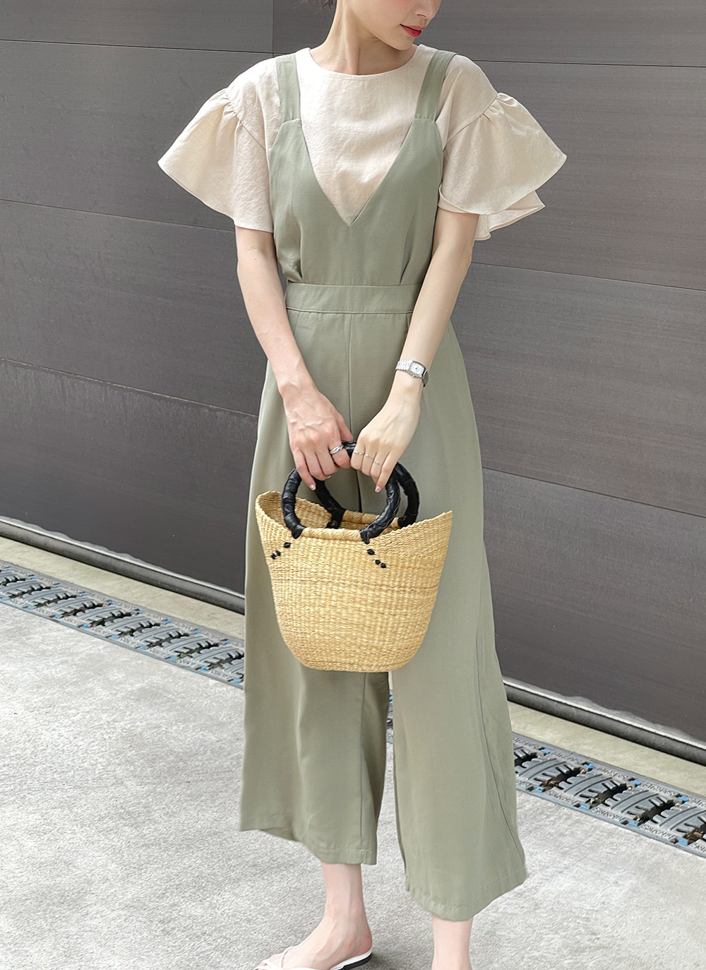 CLANE 美品☆リネン ラッフルフリル半袖ブラウス ベージュ