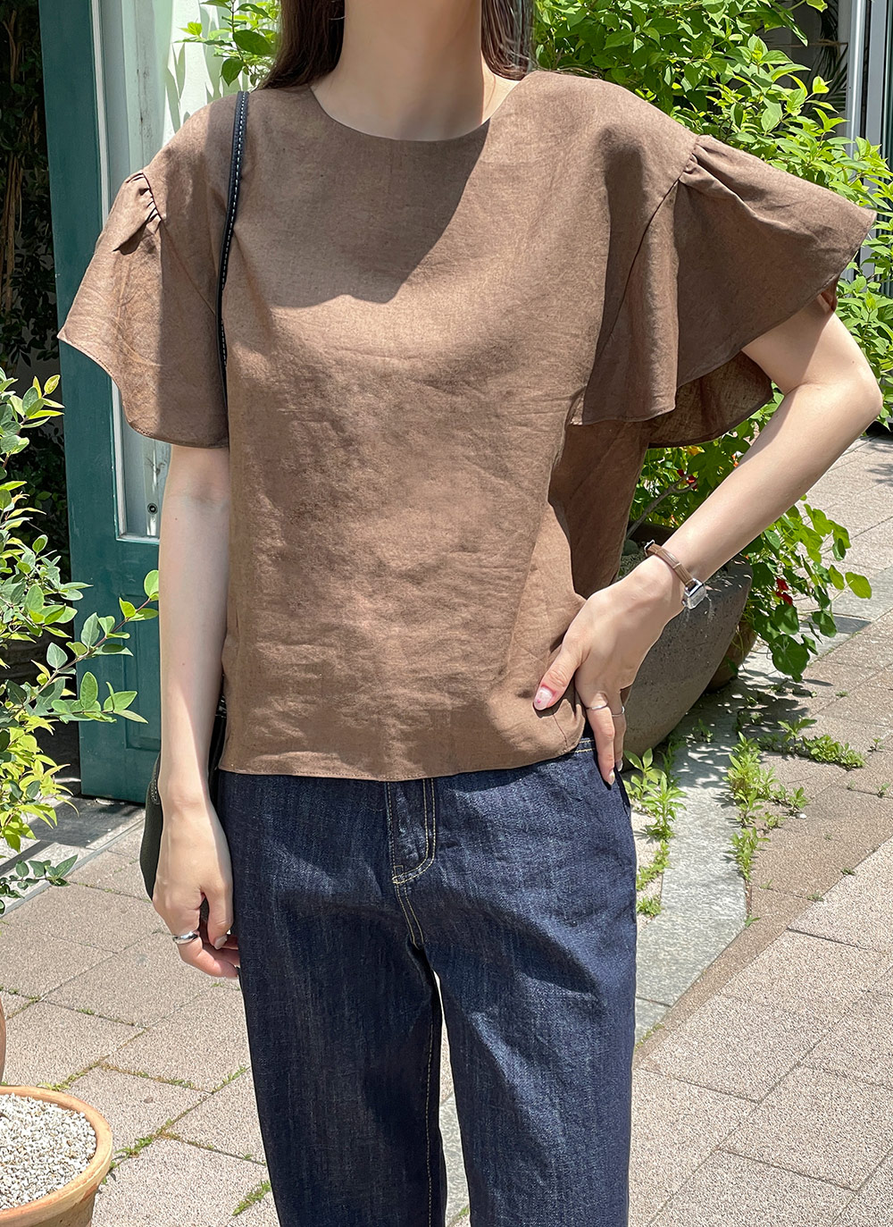 CLANE 美品☆リネン ラッフルフリル半袖ブラウス ベージュ