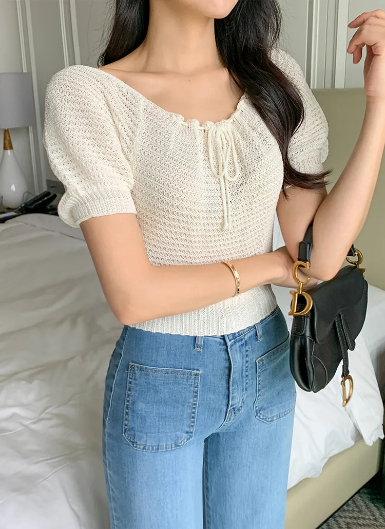 ストリングネックパフ半袖ニット | minagram | 詳細画像1