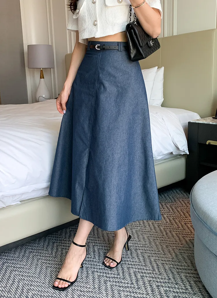 ベルト付ハイウエストフレアデニムスカート | レディースファッション  