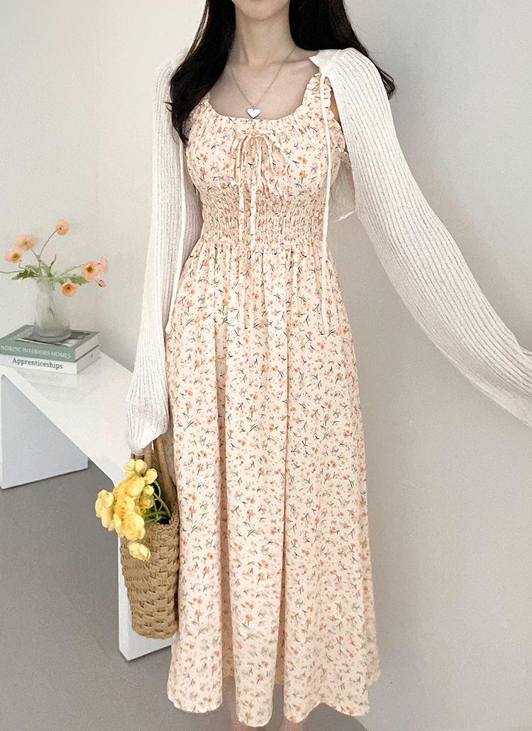 リボン花柄シャーリングビスチェワンピースのサムネイル