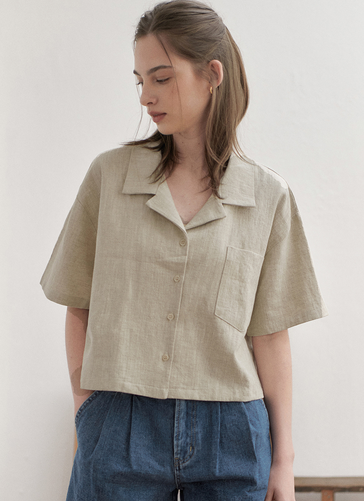 ワンポケカラーネックリネン半袖シャツ | レディースファッション通販