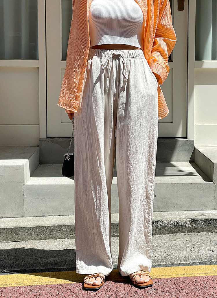 リネン混ストリング付イージーパンツ | レディースファッション通販