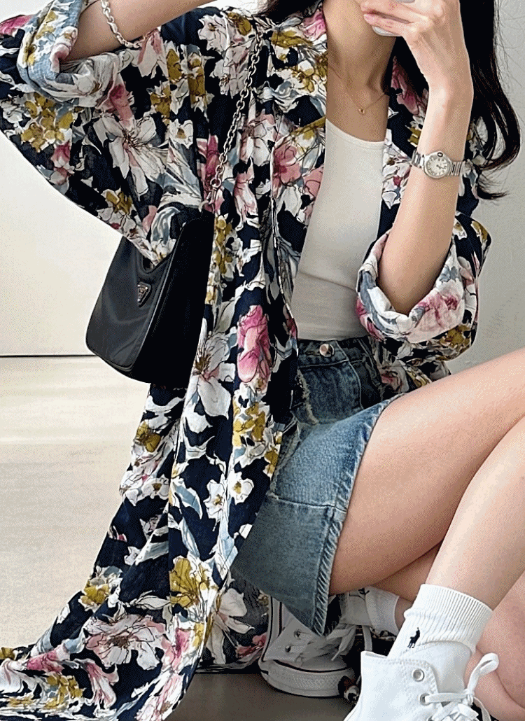 ストラップ付花柄ロングジャケット レディースファッション通販 DHOLIC