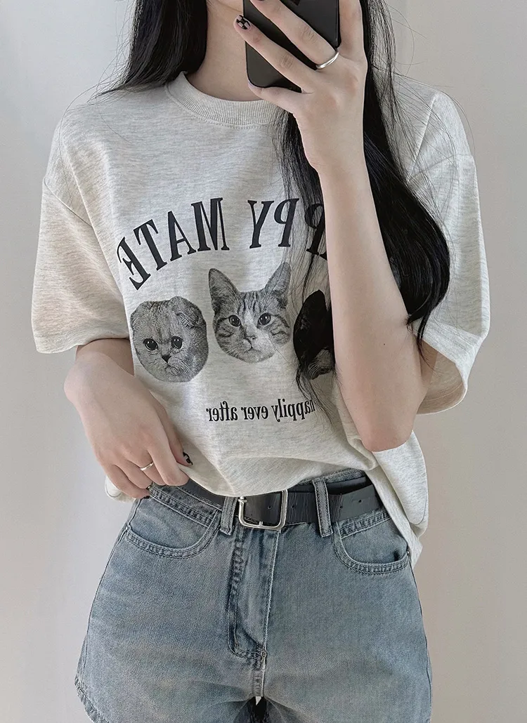 HAPPY MATEキャットプリントTシャツ | ddaygirl | 詳細画像1