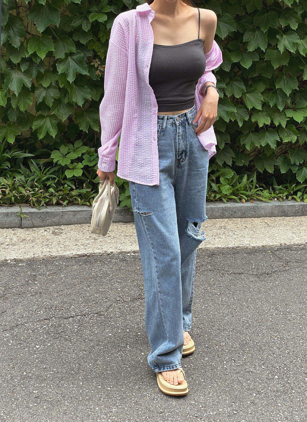 [  Jeans] シアサッカーストライプリネンシャツ シアサッカーグリーンストライプシャツ KA0699 | R-Base