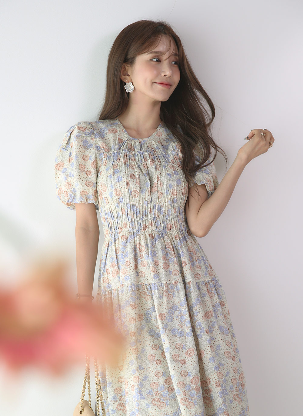 花柄パフシャーリングワンピース レディースファッション通販 DHOLIC