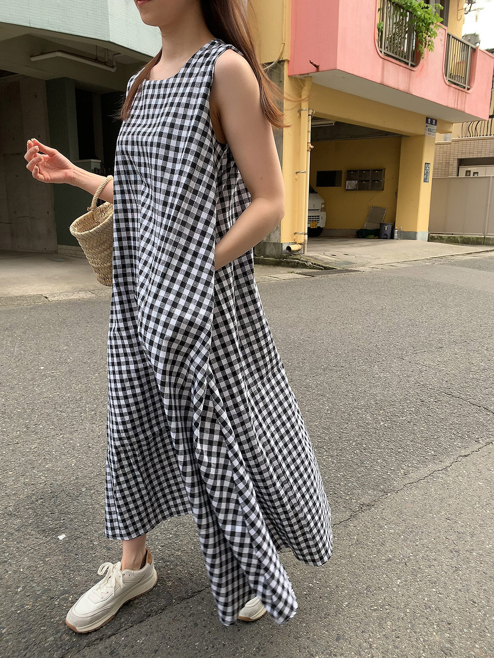 美品✨INGEBORG ノースリーブワンピース ギンガムチェック 綿100 M INGEBORG インゲボルグ ギンガムチェック×ピンク ジャケット付