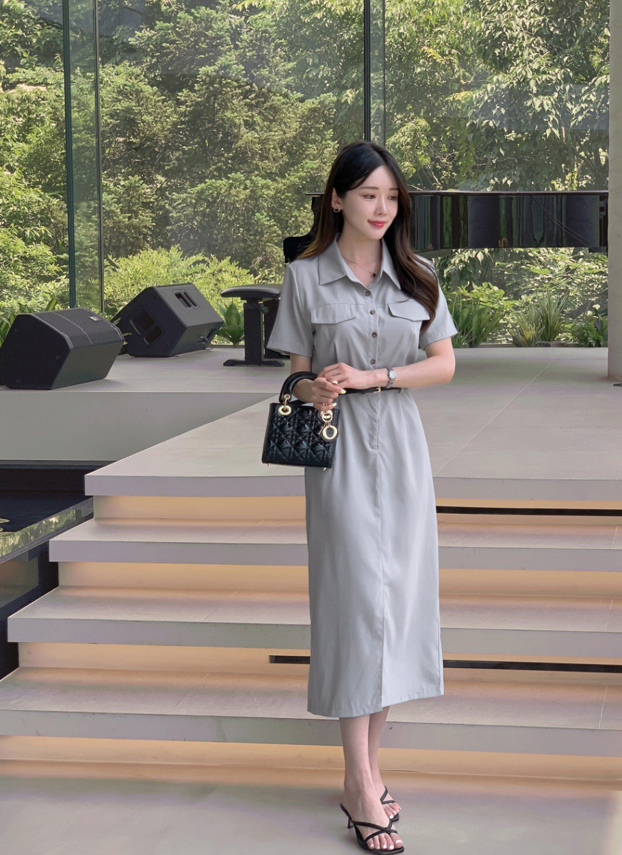 ベルト付ボタン半袖シャツワンピース | レディースファッション通販