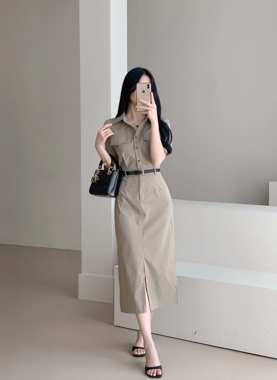 ベルト付ボタン半袖シャツワンピース | レディースファッション通販