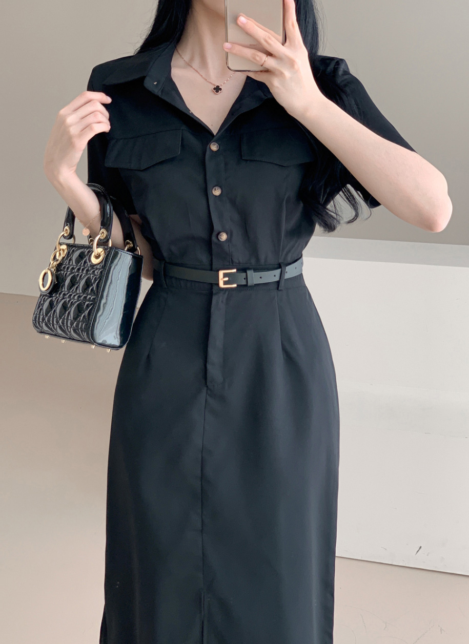 ベルト付ボタン半袖シャツワンピース | レディースファッション通販