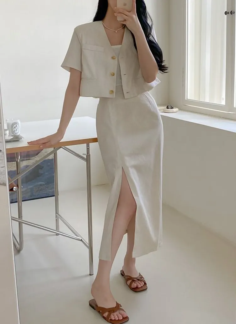 リネン混ノーカラー半袖ジャケット&スカートSET | レディース 