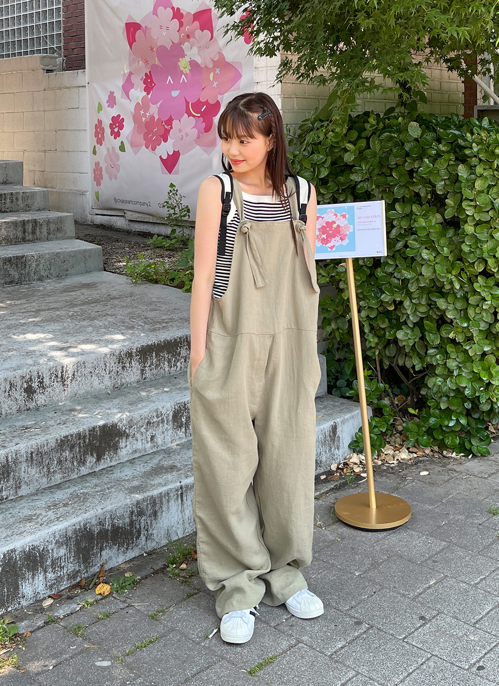 sowaリネンサロペット フリル リボン ネイビー サロペット ワイド