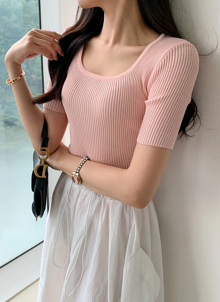 リブスクエアネック半袖ニット | minagram | 詳細画像1