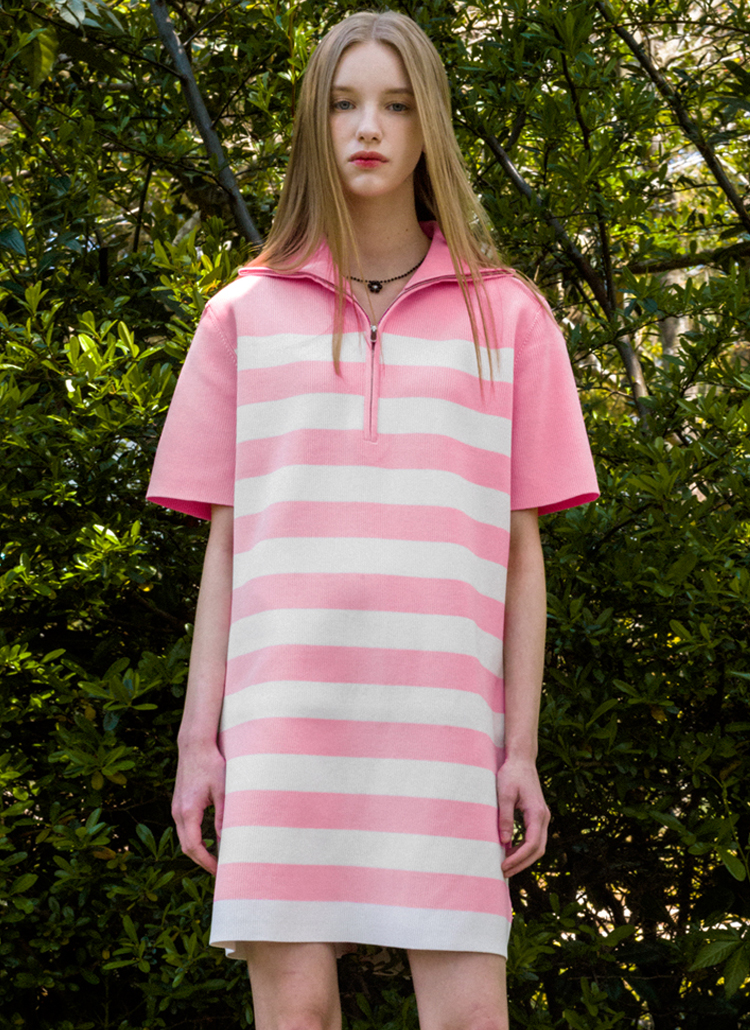 ボーダーハーフジップワンピース(PINK) | レディース