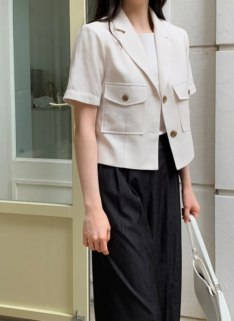 ポケットテーラード半袖ジャケット(ベージュ) | レディース  