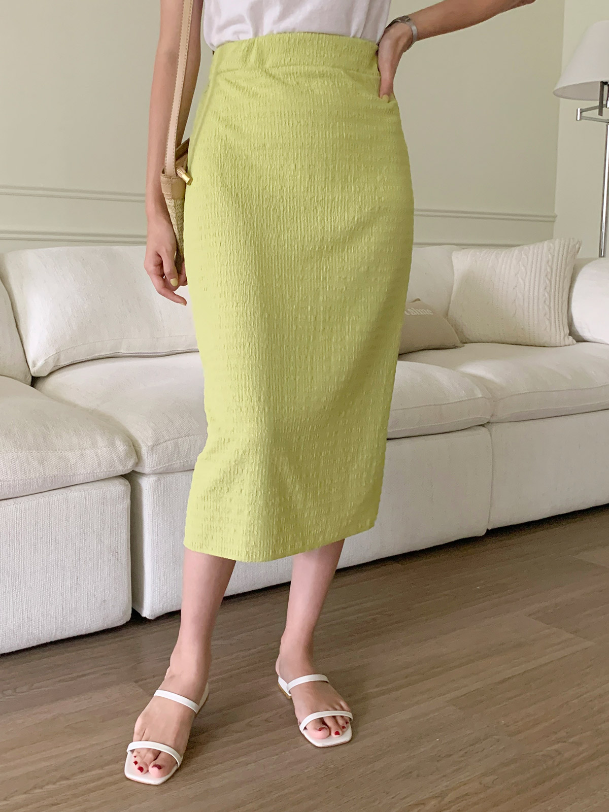 MOISES NIETO】グリーン エコファー スリット スカート- 