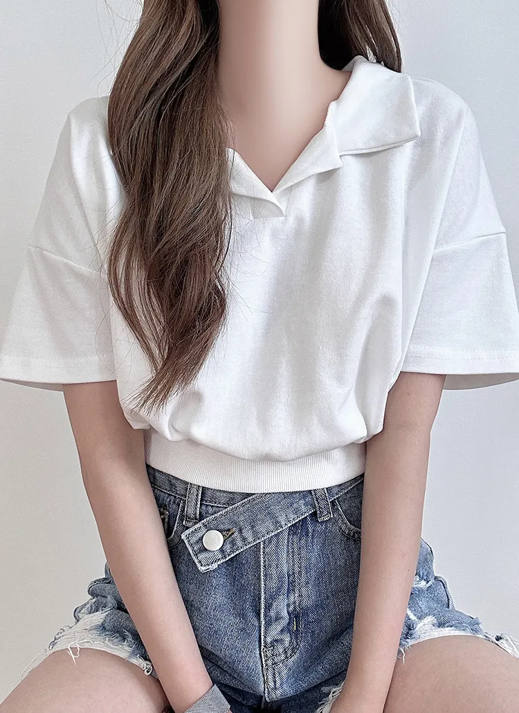 オープンカラークロップド半袖Tシャツ | ddaygirl | 詳細画像1