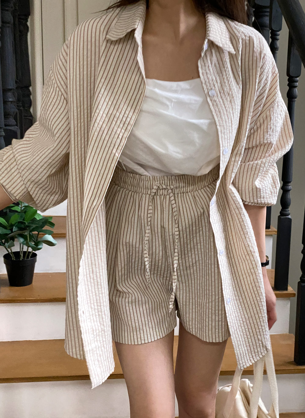 ストライプシャツ&ストリングショートパンツSET | レディース