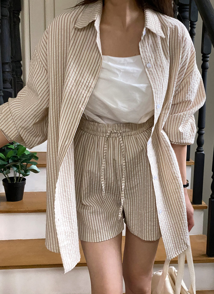ストライプシャツ&ストリングショートパンツSET | レディース