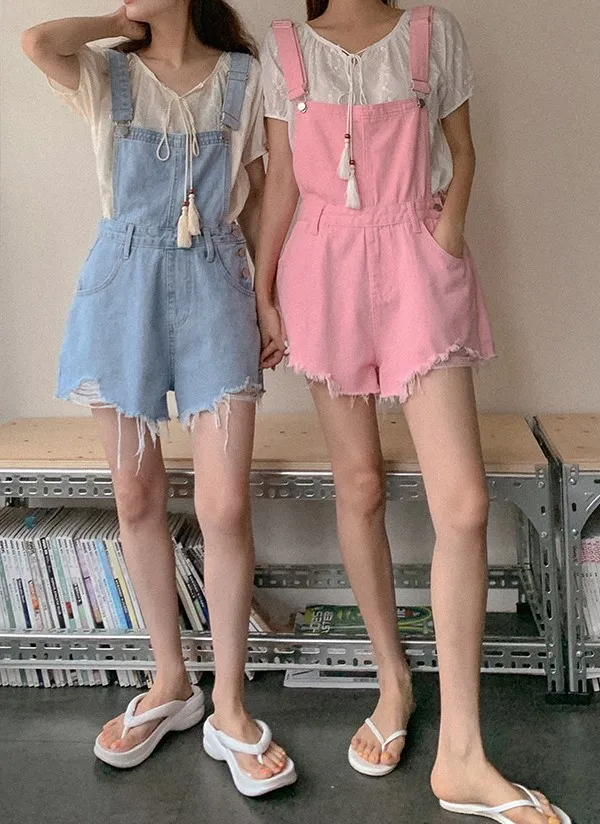 カットヘムハーフデニムサロペットパンツ | qnigirls | 詳細画像1
