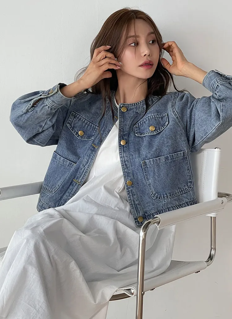 ノーカラーデニムジャケット | DHOLIC | 詳細画像1