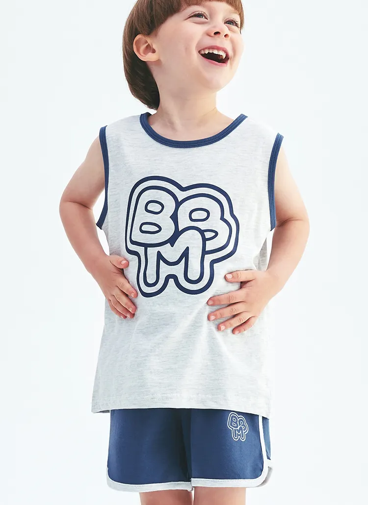 配色ビッグロゴノースリーブ&ハーフパンツSET(メランネイビー) | 詳細画像1