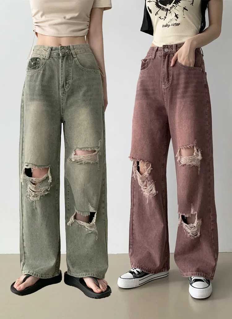 Y2Kダメージカラーワイドデニムパンツ | レディースファッション通販 