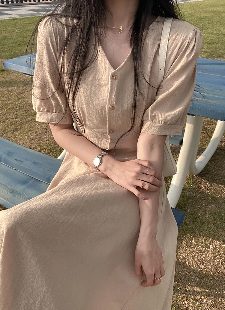 Vネックボタンリネン混ワンピース | ROMANTICLINE | 詳細画像1