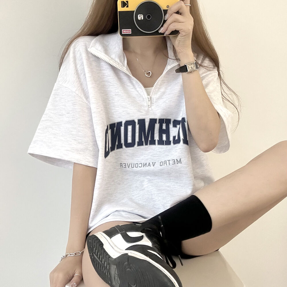英字ハーフジップ半袖Tシャツ | レディースファッション通販 - DHOLIC