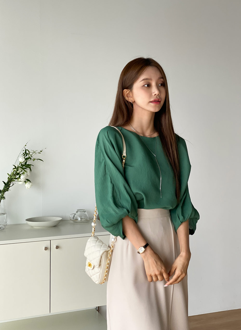 シャツ/ブラウス(長袖/七分) hholic Ballon blouse シャツ ブラウス 春夏 秋 シフォン 七分袖 レディース バルーン 長袖