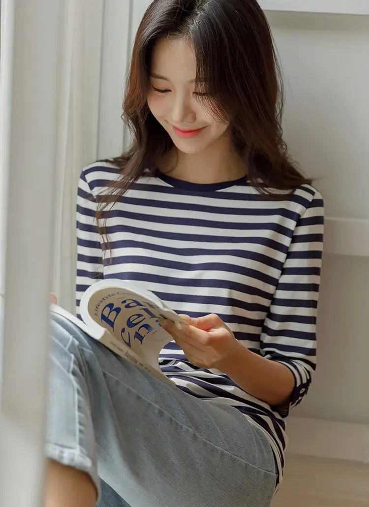 ボーダーボタン7分袖Tシャツ | justone | 詳細画像1