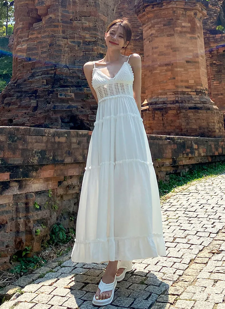 ロングVネックニット切替フレアキャミワンピース | レディース  