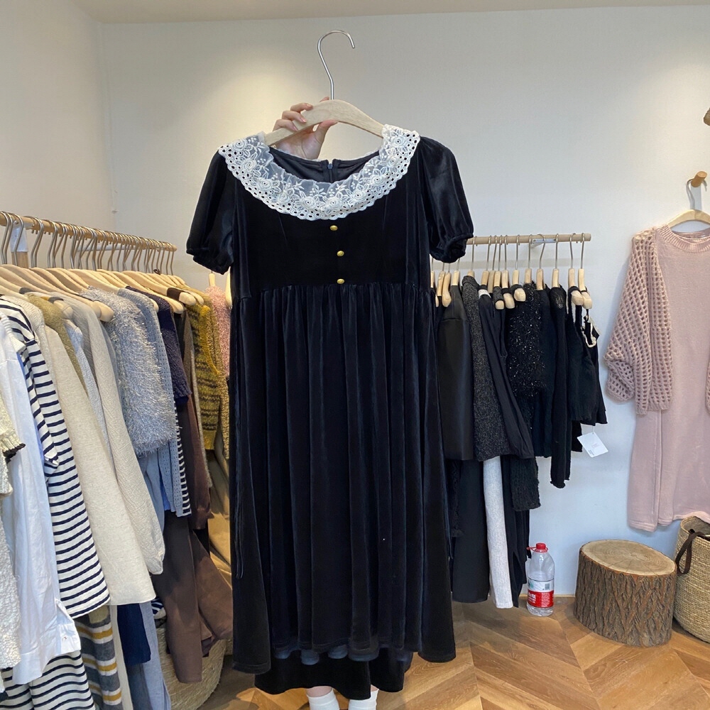 レースネックベロアパフワンピース | レディースファッション通販 - DHOLIC