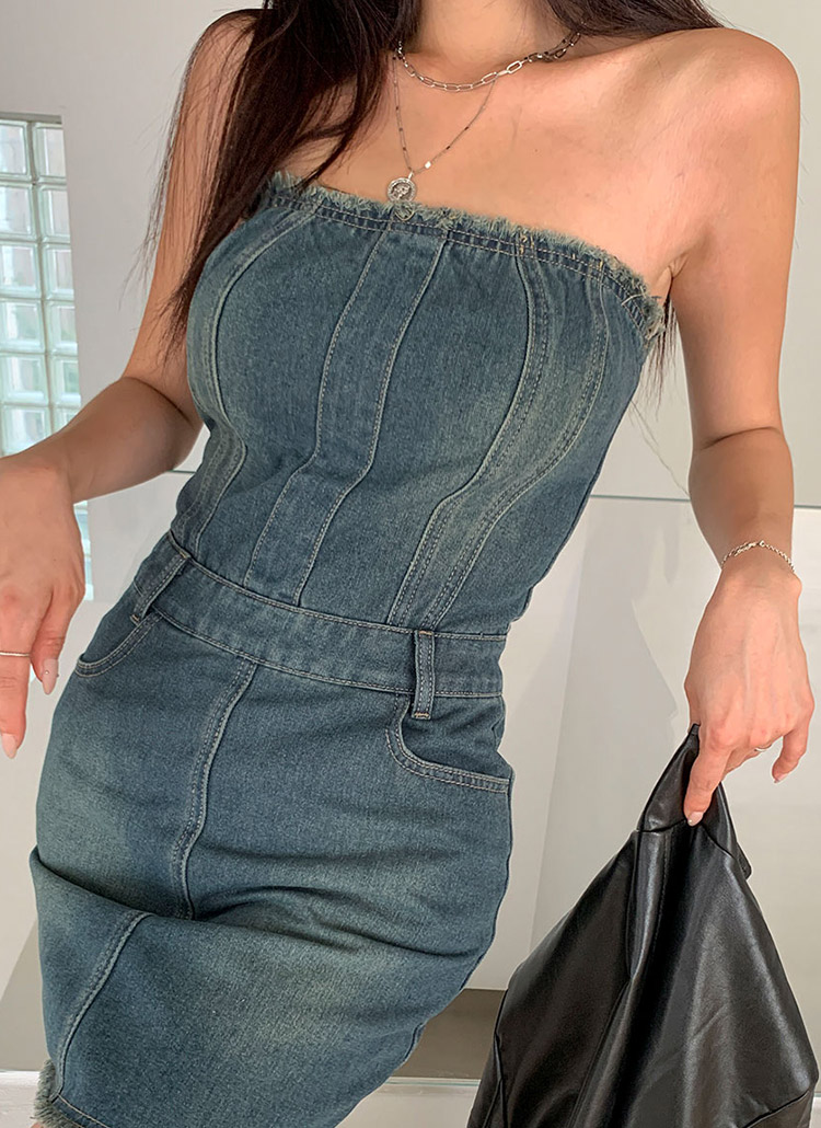 KAREN MILLEN 日本未入荷 ミニドレス チューブトップ デニム デニムチューブトップミニワンピース | レディースファッション
