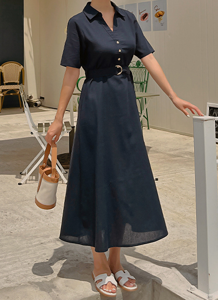 リネン混スキッパーボタンワンピース | レディースファッション通販