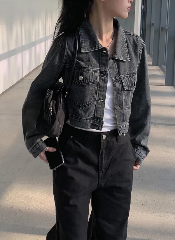 クロップドブラックデニムジャケット | レディースファッション通販  