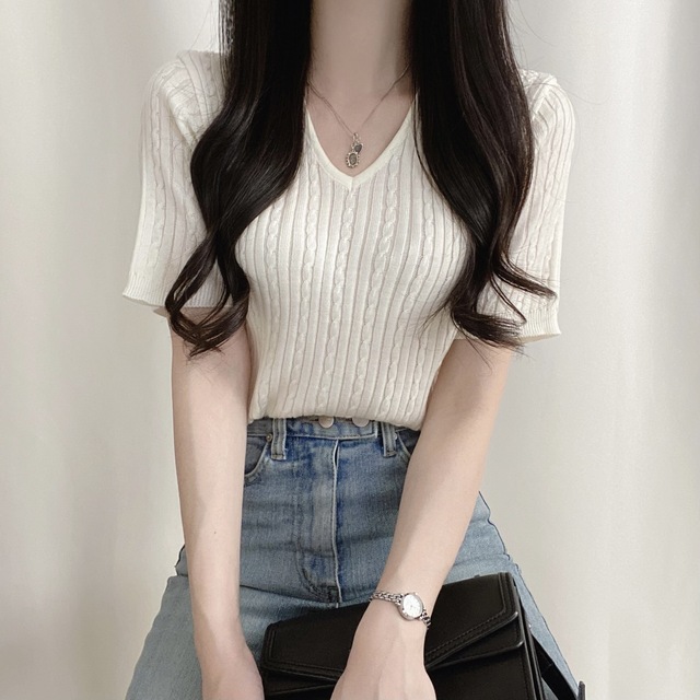 Vネックケーブル半袖ニット | レディースファッション通販 - DHOLIC