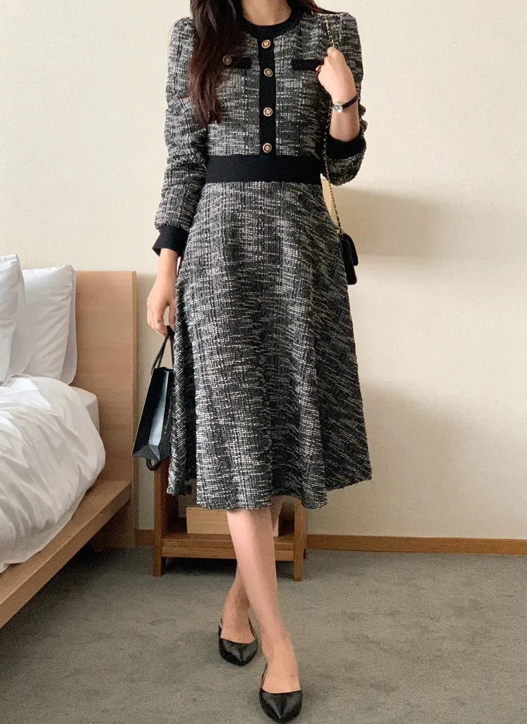 配色ゴールドボタンツイードワンピース | レディースファッション通販  