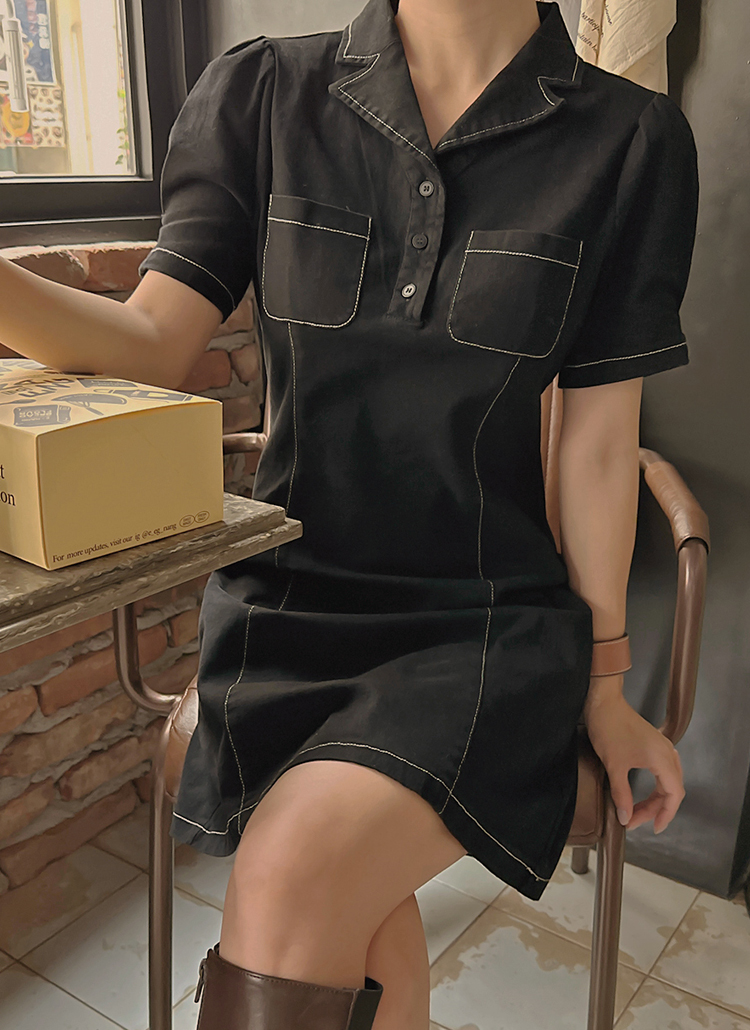 ステッチポケットオープンカラー半袖ワンピース | レディース