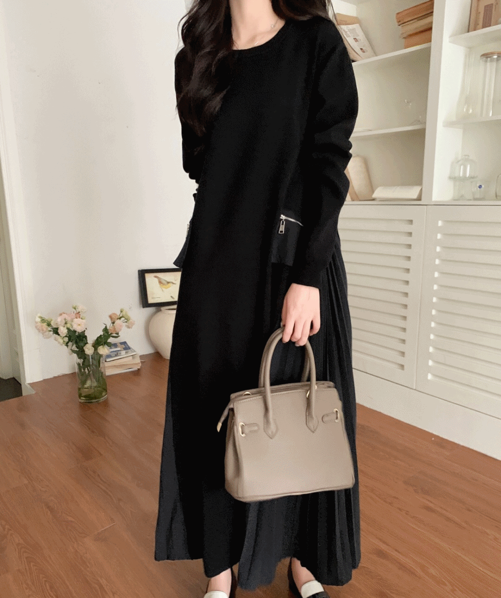 ジップポケットサイドプリーツワンピース | レディースファッション