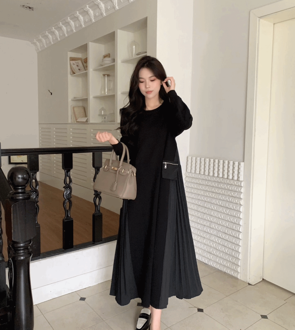 ジップポケットサイドプリーツワンピース | レディースファッション