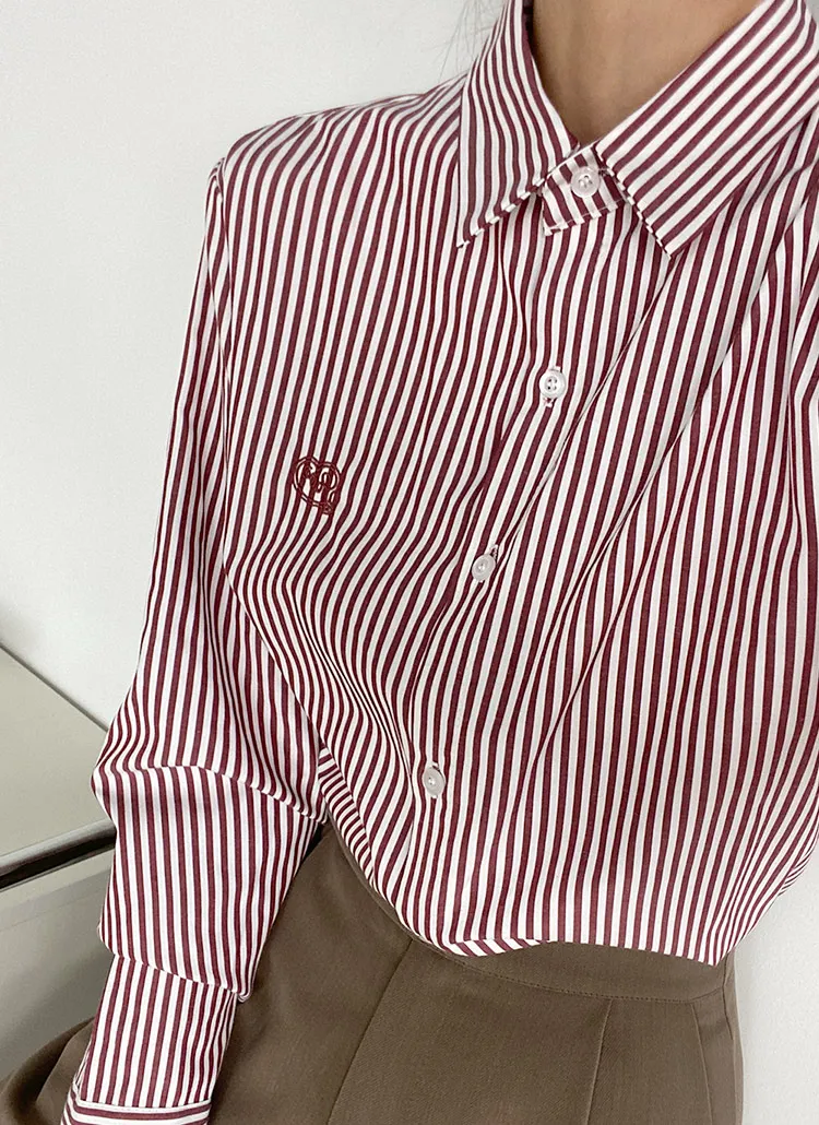 ハート刺繍ストライプシャツ | DHOLIC | 詳細画像1