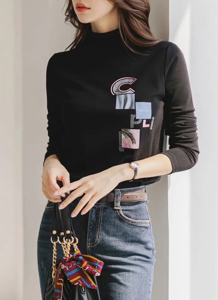 レタリングハーフネック長袖Tシャツ | styleonme | 詳細画像1