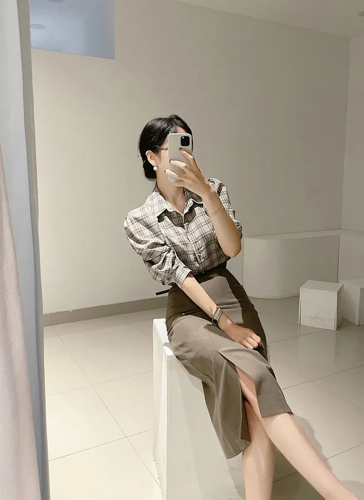 カラーチェックパフブラウス | aubeshop | 詳細画像1