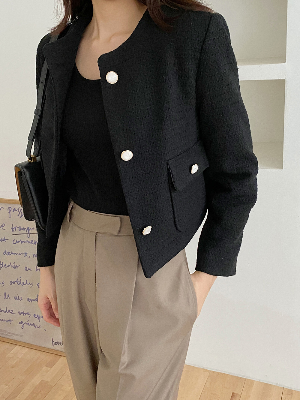 Theory 23AW ノーカラー ツイードクロップドジャケット 黒 ノーカラーツイードクロップドジャケット | レディースファッション