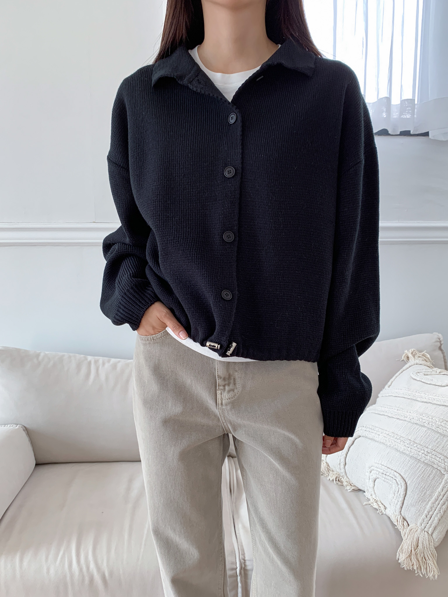 ドローコードワッフルカラーカーディガン | レディースファッション