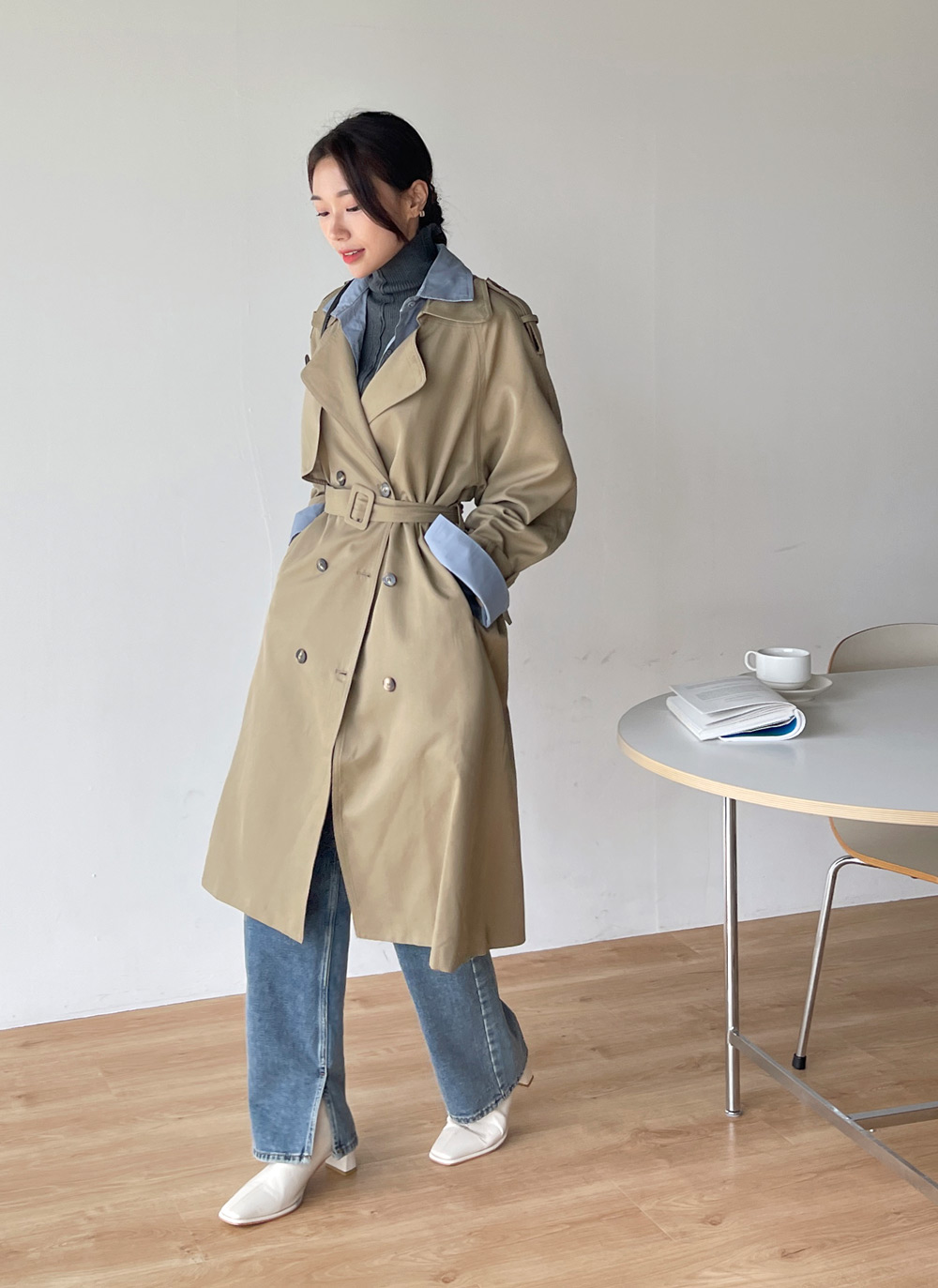 ベルト付配色レイヤード調トレンチコート | レディースファッション