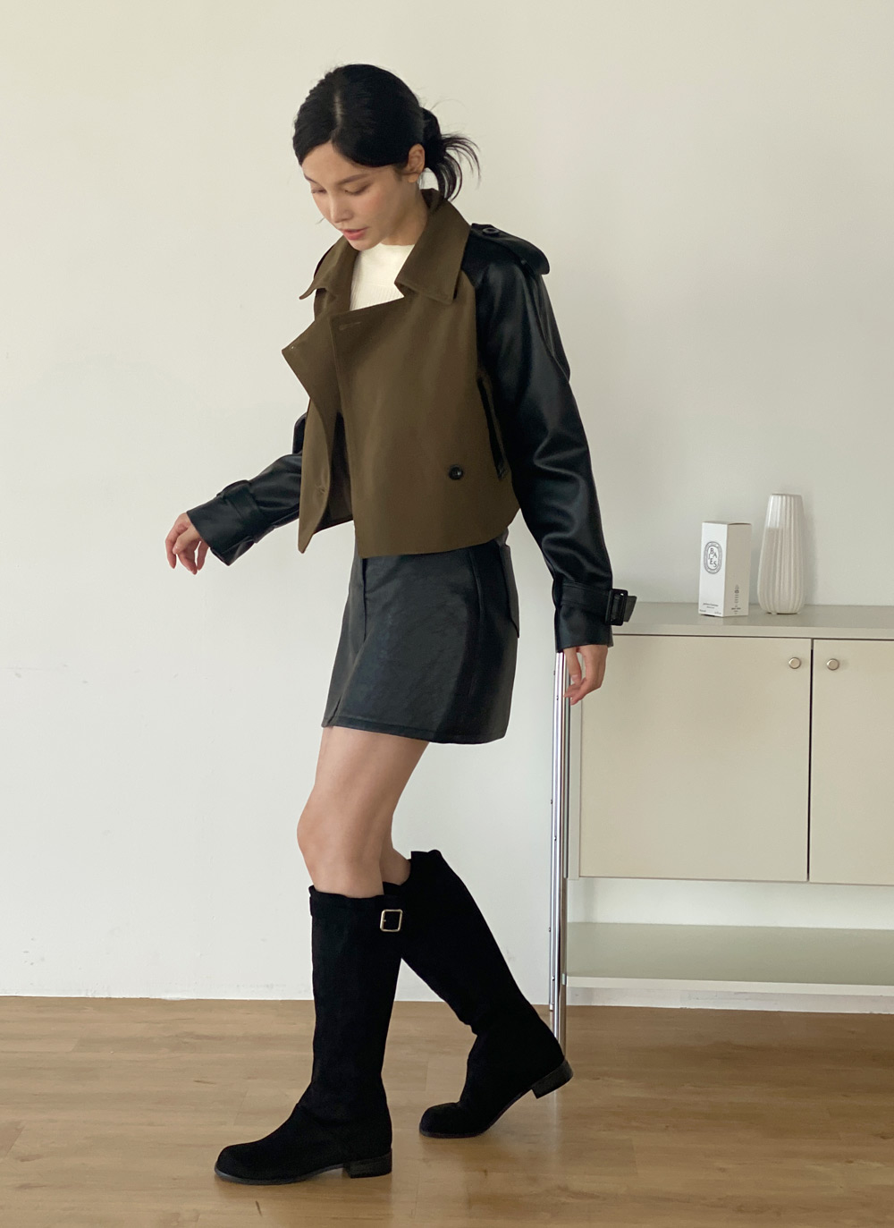 ベルト付レザー調配色トレンチジャケット | DHOLIC | 詳細画像3